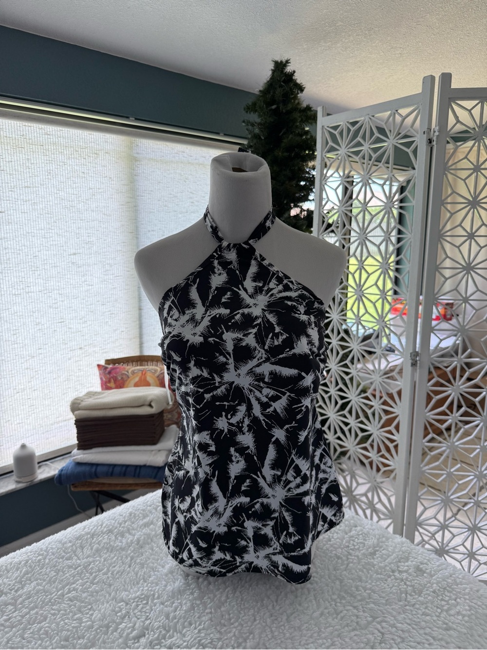 Freya Black & White Palm-Print Swim Tank